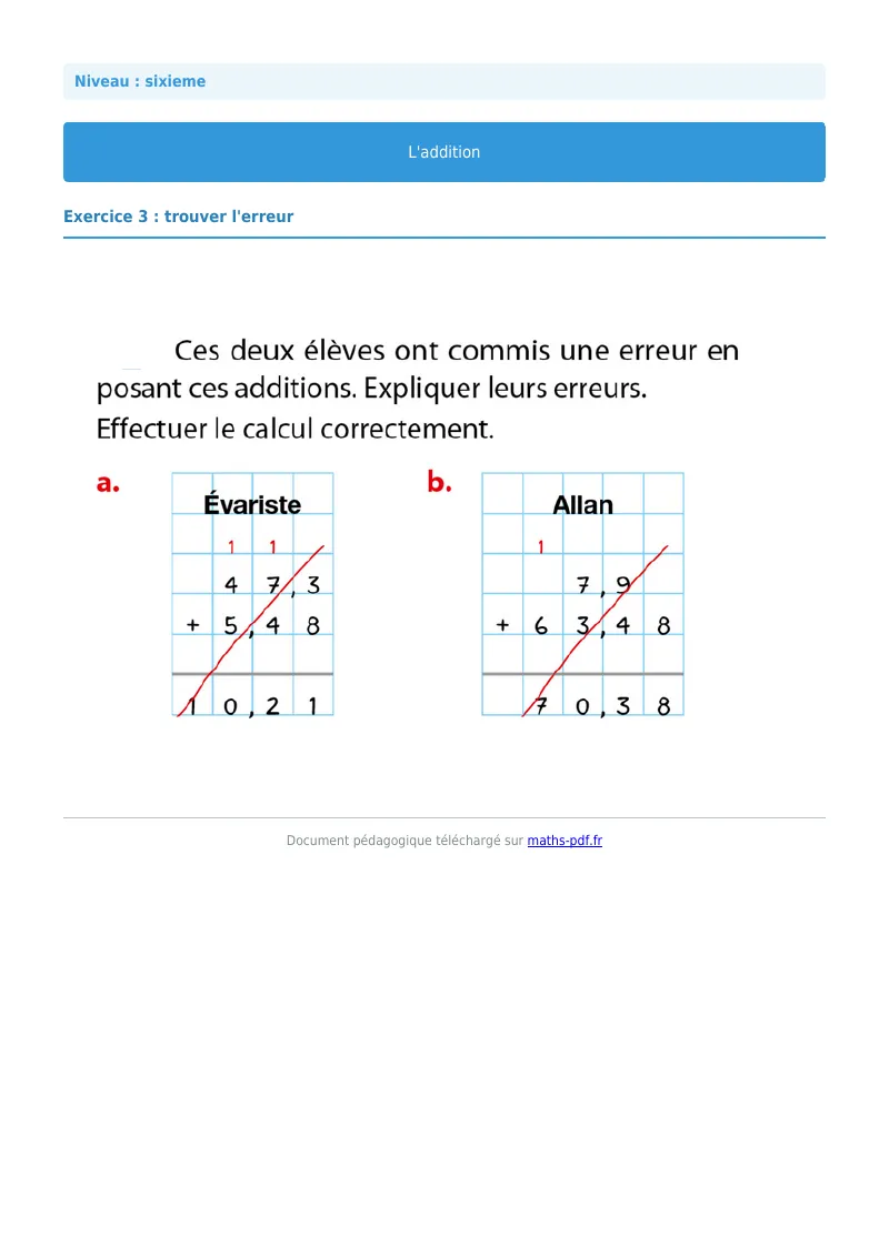 L’addition : exercice n°3 de maths en 6ème corrigé en PDF
