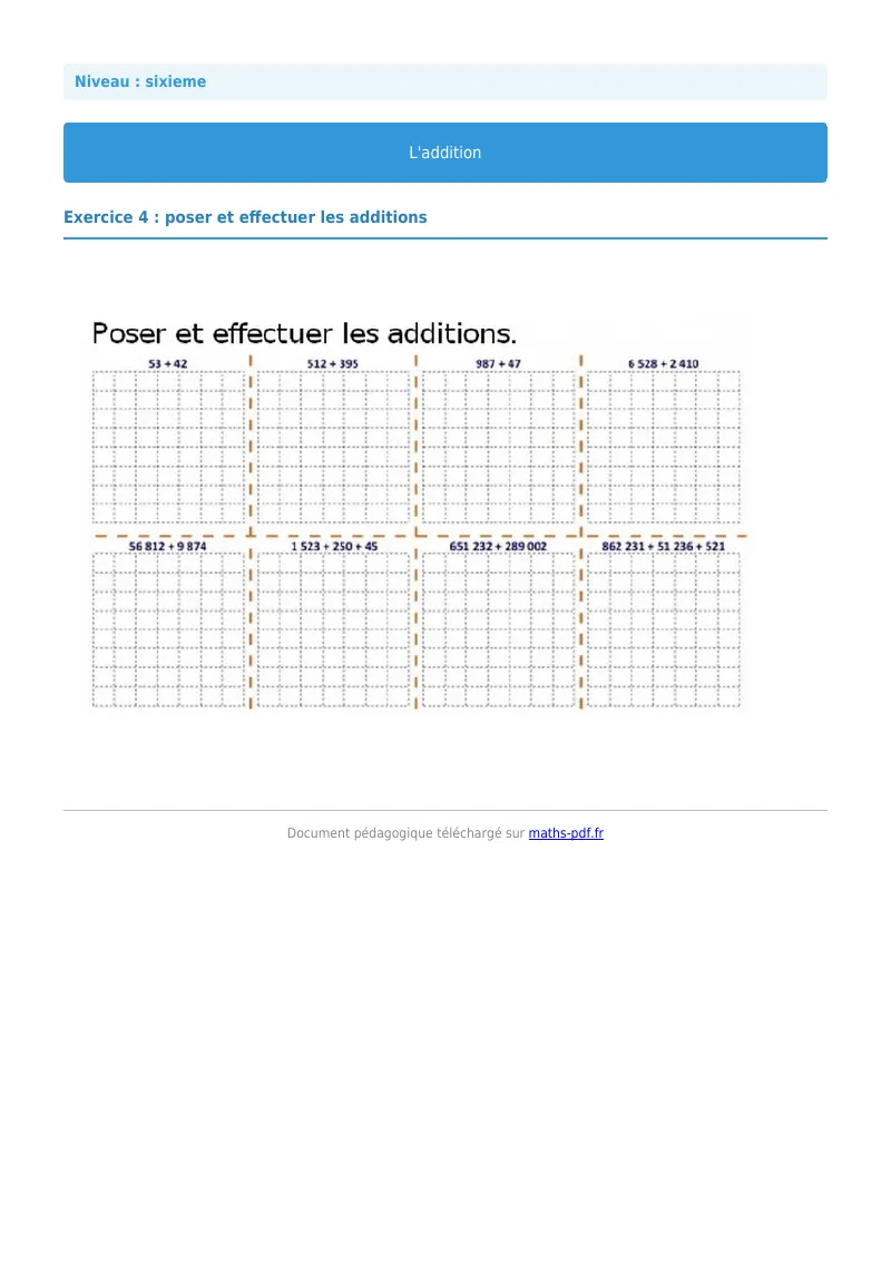 L’addition : exercice n°4 de maths en 6ème corrigé en PDF