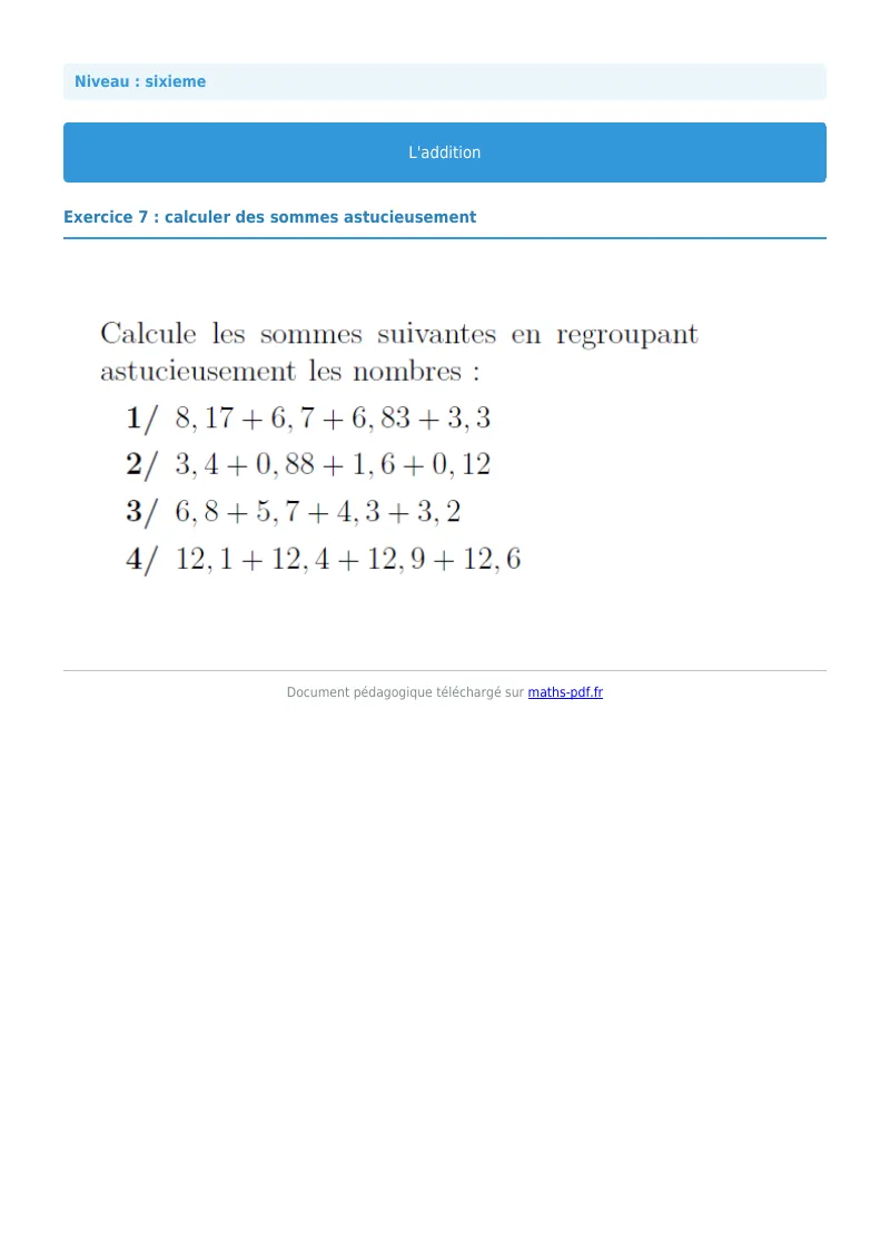 L’addition : exercice n°7 de maths en 6ème corrigé en PDF