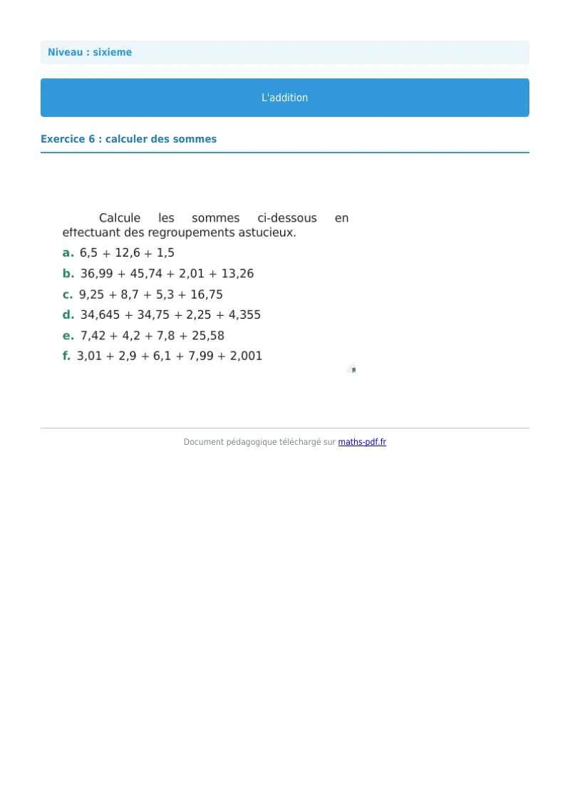 L’addition : exercice n°6 de maths en 6ème corrigé en PDF