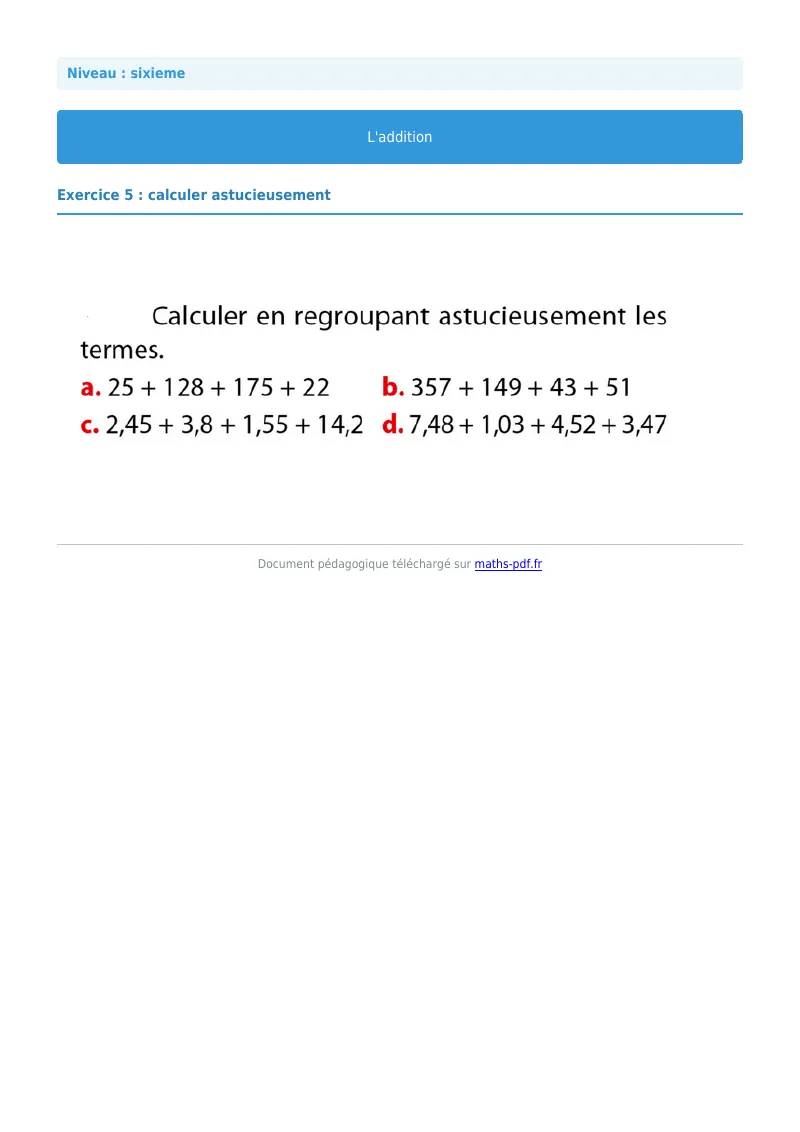 L’addition : exercice n°5 de maths en 6ème corrigé en PDF