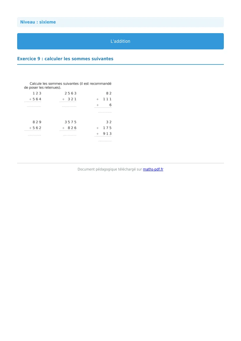L’addition : exercice n°9 de maths en 6ème corrigé en PDF