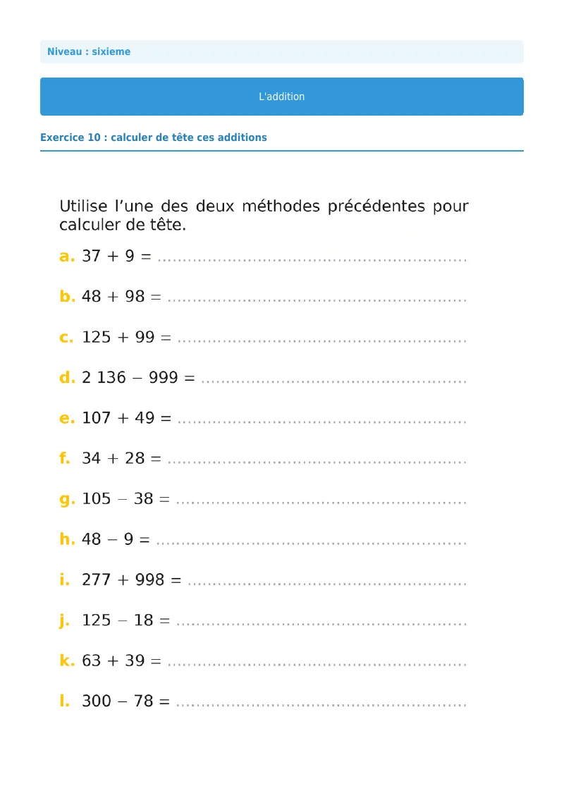 L’addition : exercice n°10 de maths en 6ème corrigé en PDF