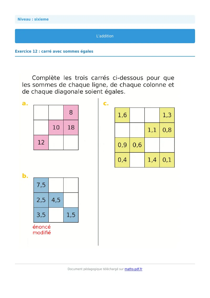 L’addition : exercice n°12 de maths en 6ème corrigé en PDF