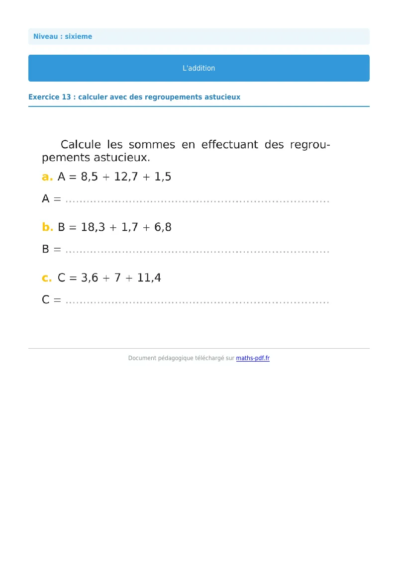L’addition : exercice n°13 de maths en 6ème corrigé en PDF
