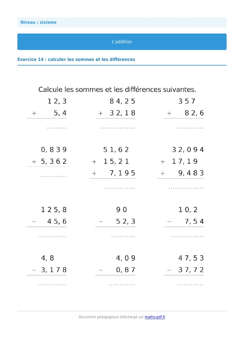 L’addition : exercice n°14 de maths en 6ème corrigé en PDF