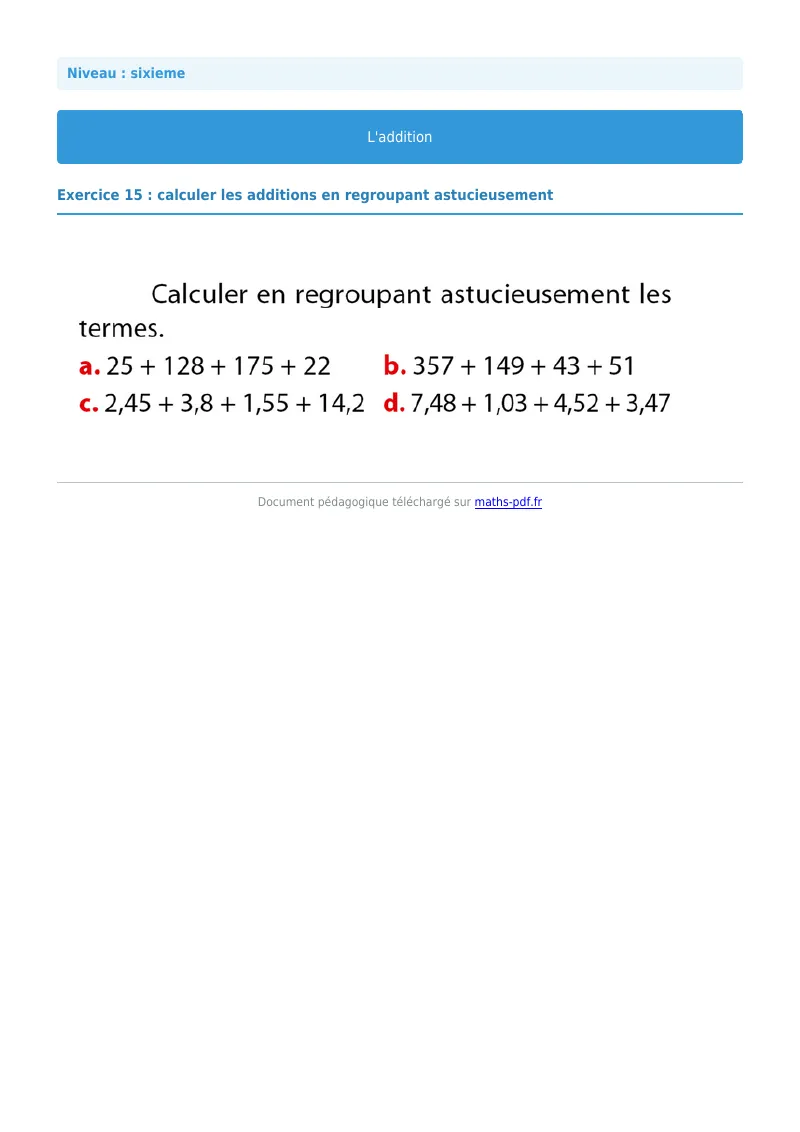 L’addition : exercice n°15 de maths en 6ème corrigé en PDF