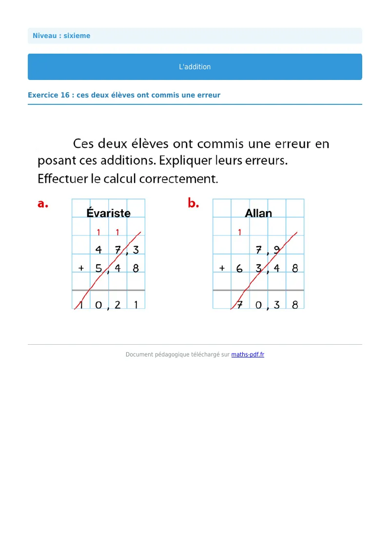 L’addition : exercice n°16 de maths en 6ème corrigé en PDF