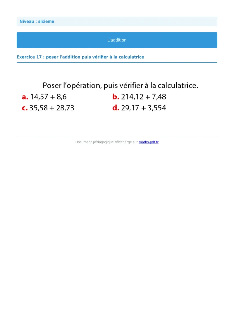L’addition : exercice n°17 de maths en 6ème corrigé en PDF
