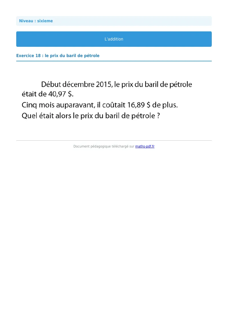 L’addition : exercice n°18 de maths en 6ème corrigé en PDF