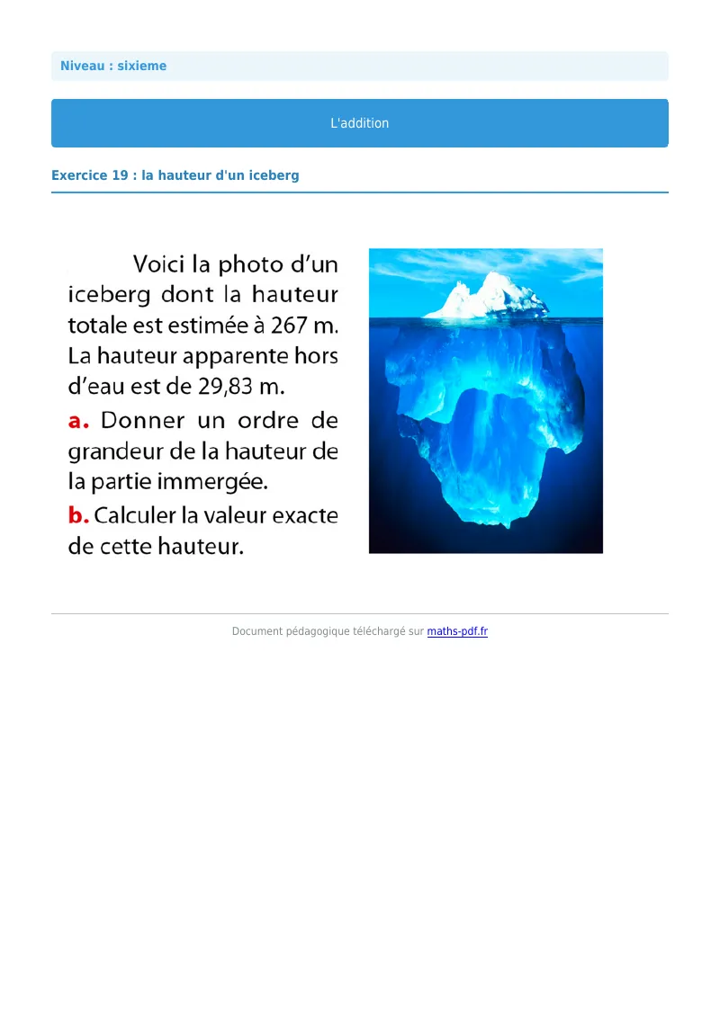 L’addition : exercice n°19 de maths en 6ème corrigé en PDF