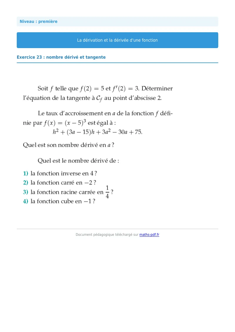 Dérivée : exercice n°23 de maths en première corrigé en PDF