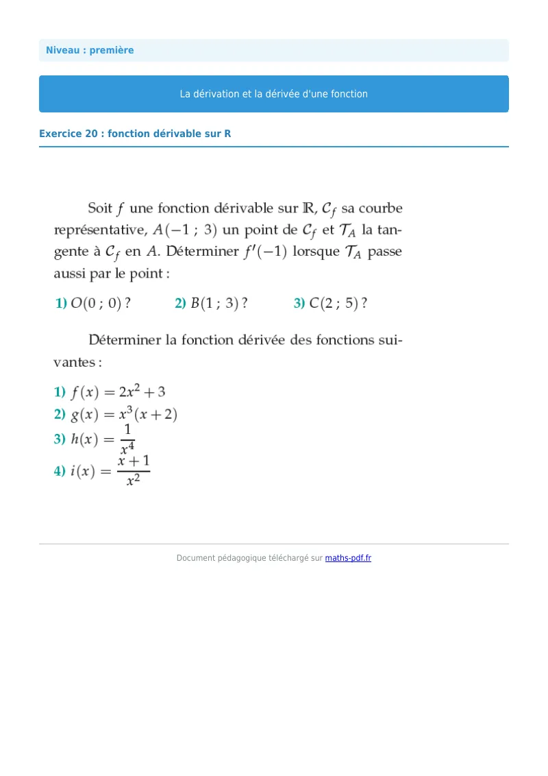 Dérivée : exercice n°20 de maths en première corrigé en PDF