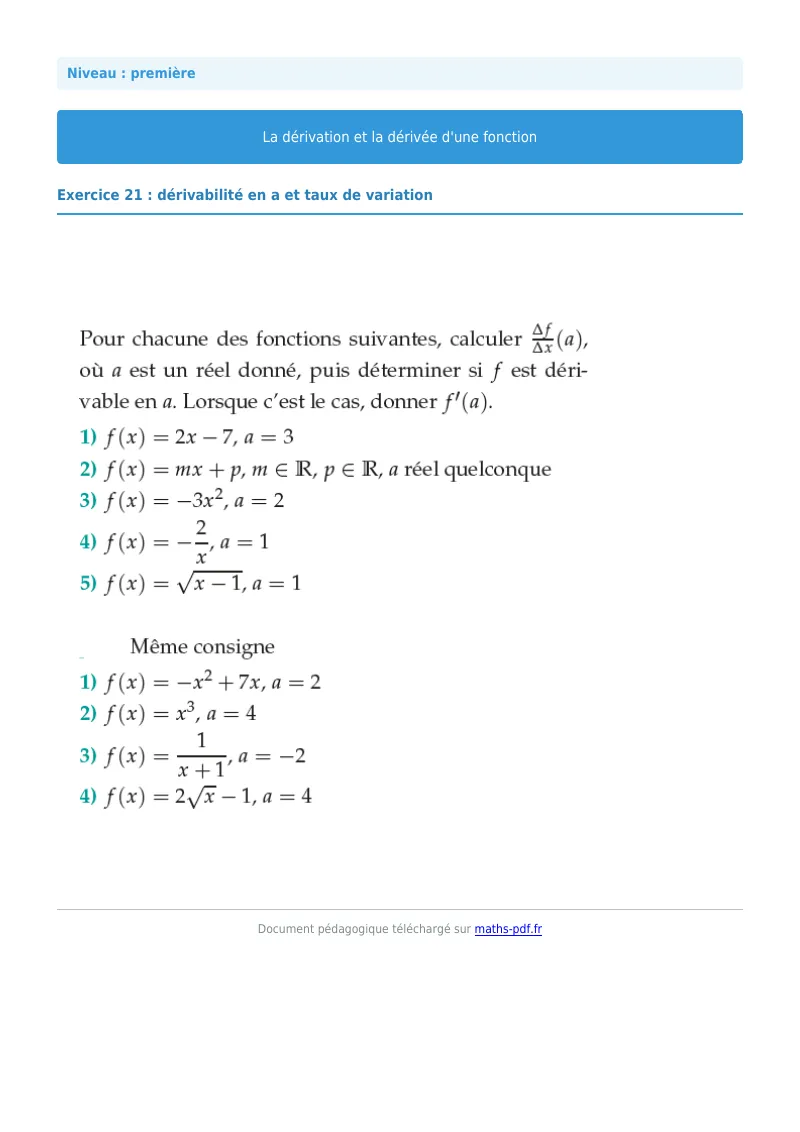 Dérivée : exercice n°21 de maths en première corrigé en PDF