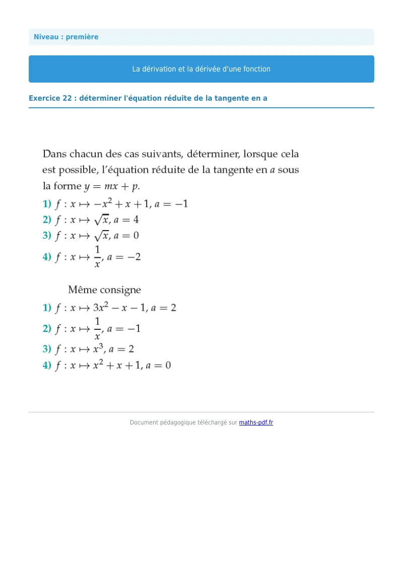 Dérivée : exercice n°22 de maths en première corrigé en PDF