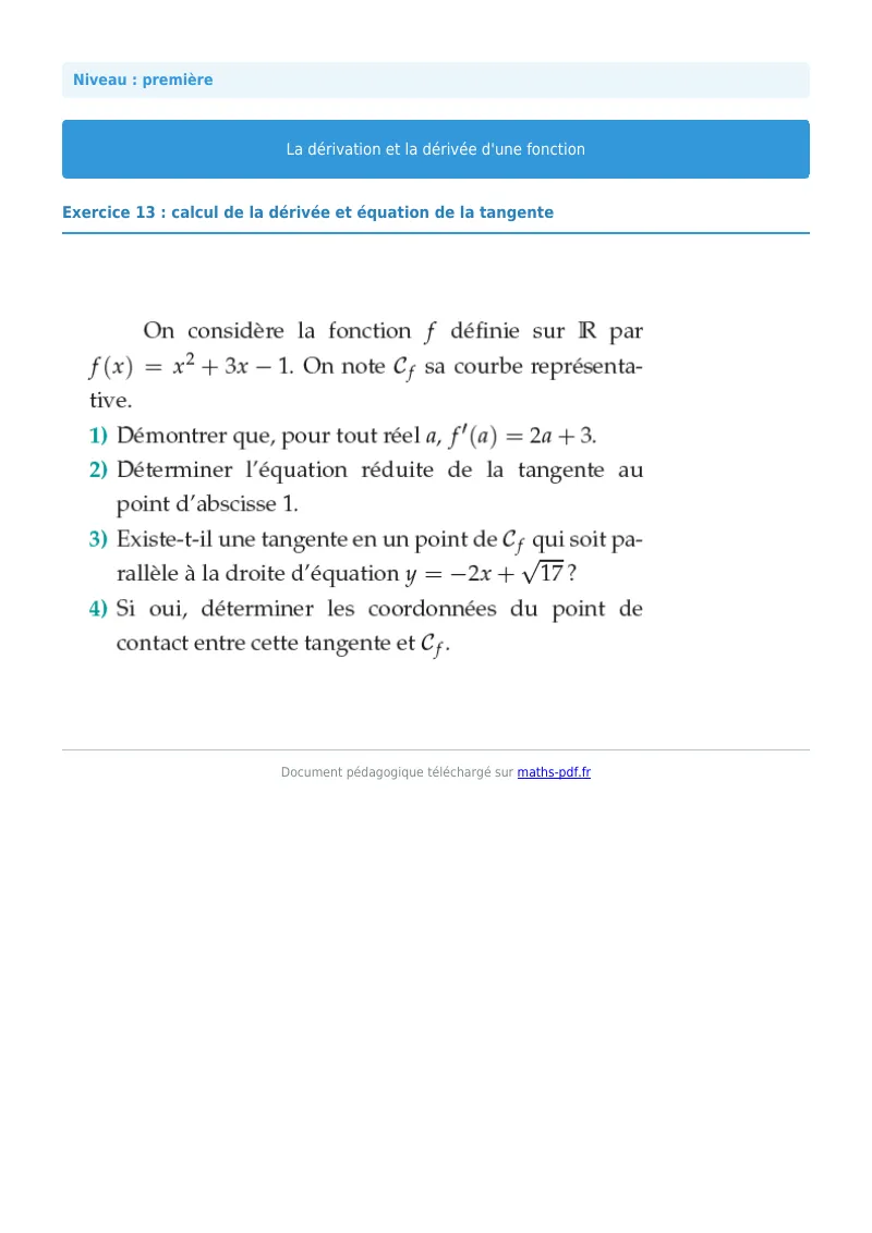 Dérivée : exercice n°13 de maths en première corrigé en PDF