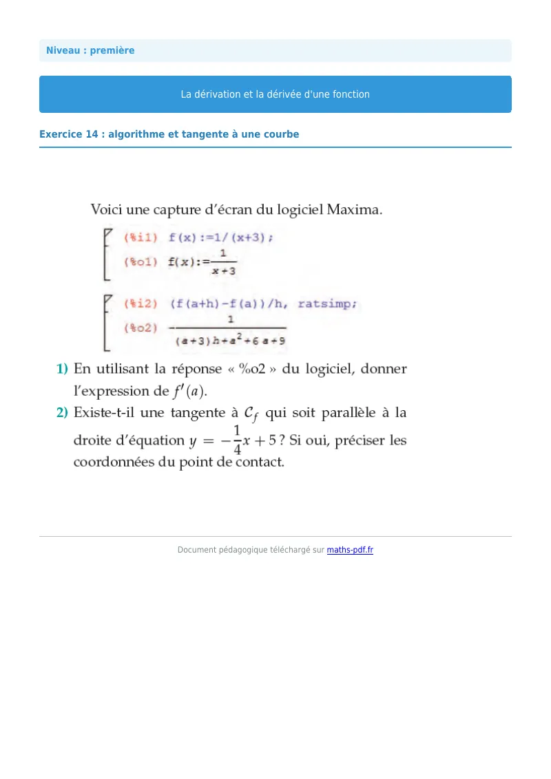 Dérivée : exercice n°14 de maths en première corrigé en PDF