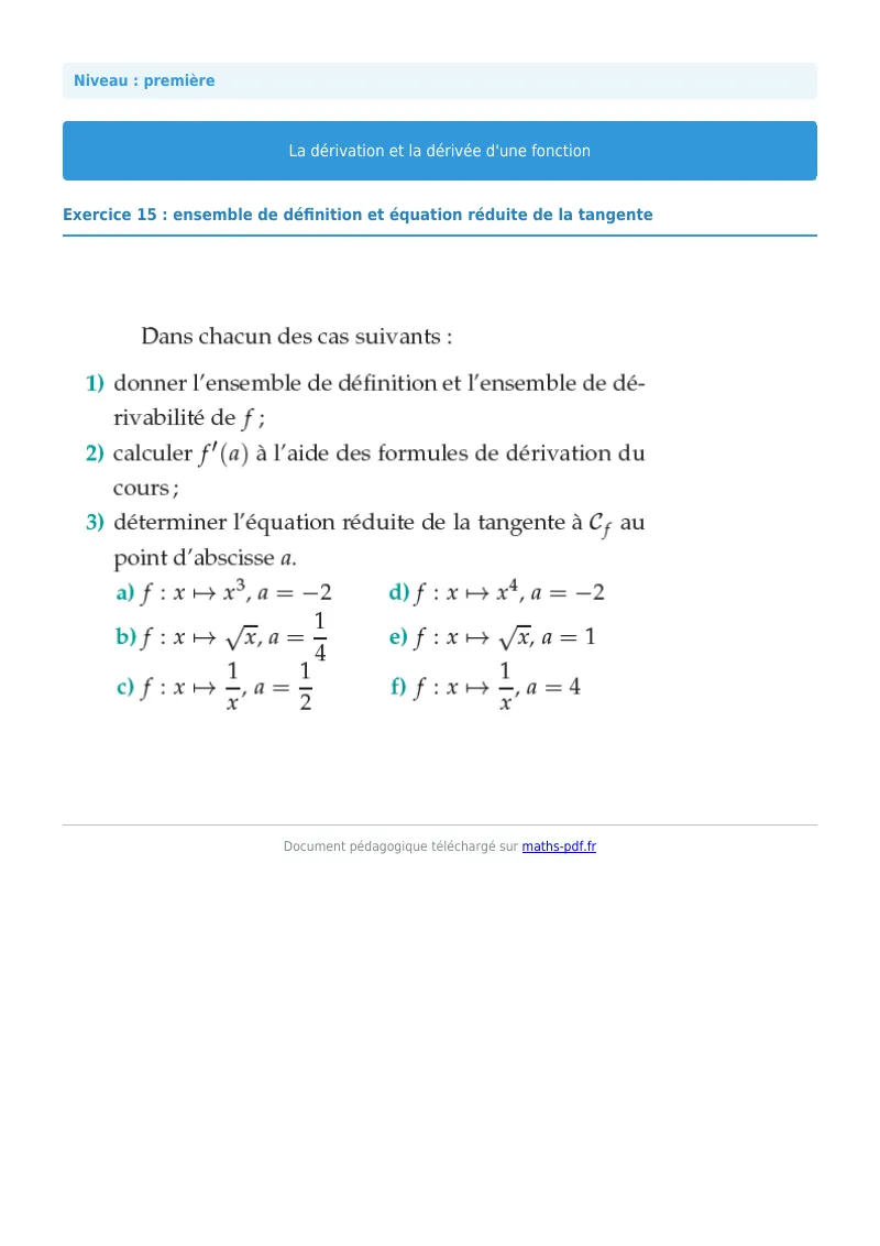Dérivée : exercice n°15 de maths en première corrigé en PDF