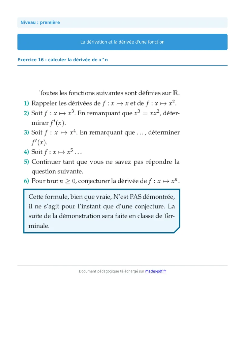 Dérivée : exercice n°16 de maths en première corrigé en PDF