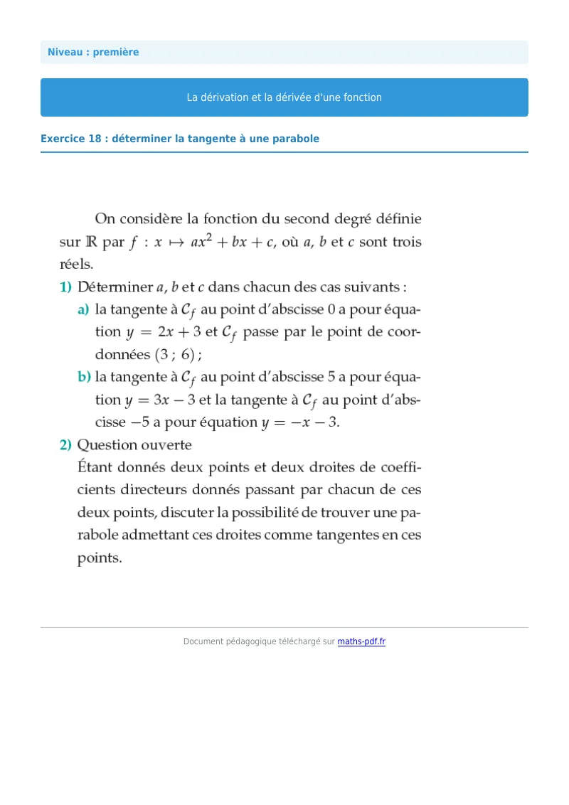 Dérivée : exercice n°18 de maths en première corrigé en PDF