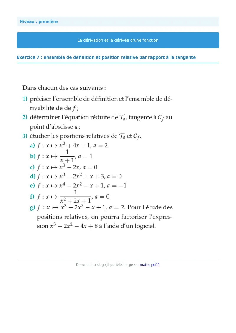 Dérivée : exercice n°7 de maths en première corrigé en PDF