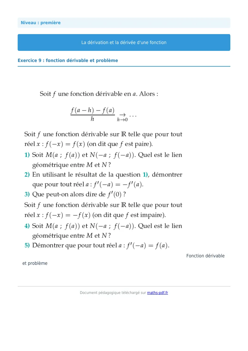 Dérivée : exercice n°9 de maths en première corrigé en PDF