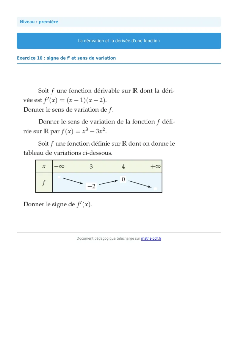 Dérivée : exercice n°10 de maths en première corrigé en PDF