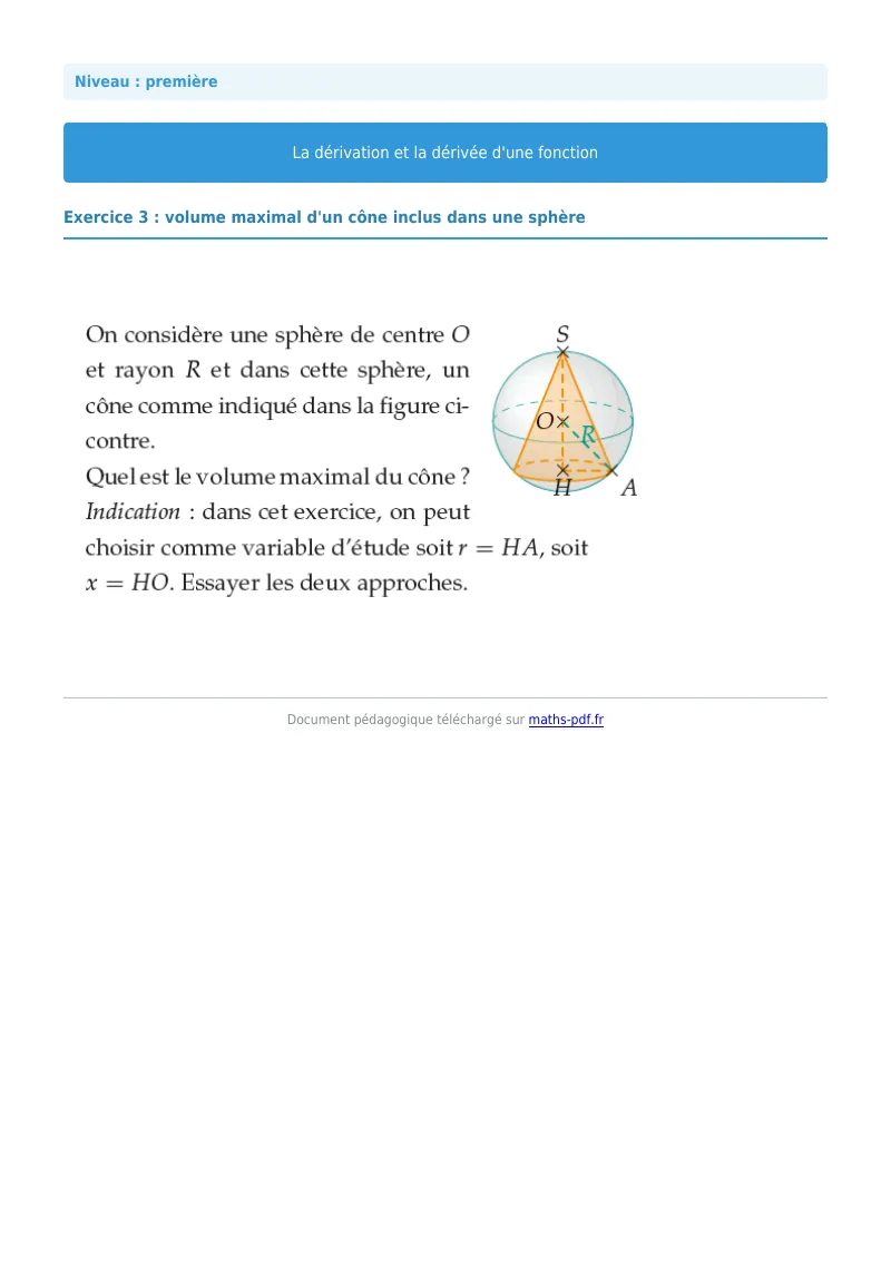 Dérivée : exercice n°3 de maths en première corrigé en PDF