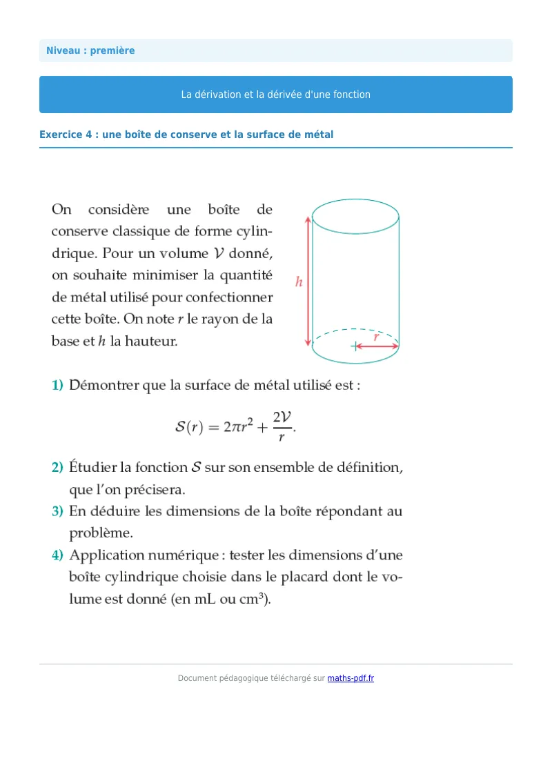 Dérivée : exercice n°4 de maths en première corrigé en PDF