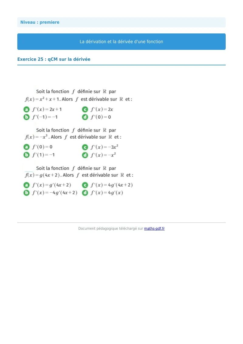Dérivée : exercice n°25 de maths en première corrigé en PDF