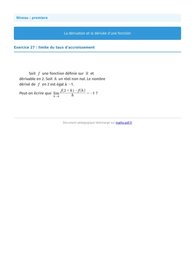 Dérivée : exercice n°27 de maths en première corrigé en PDF