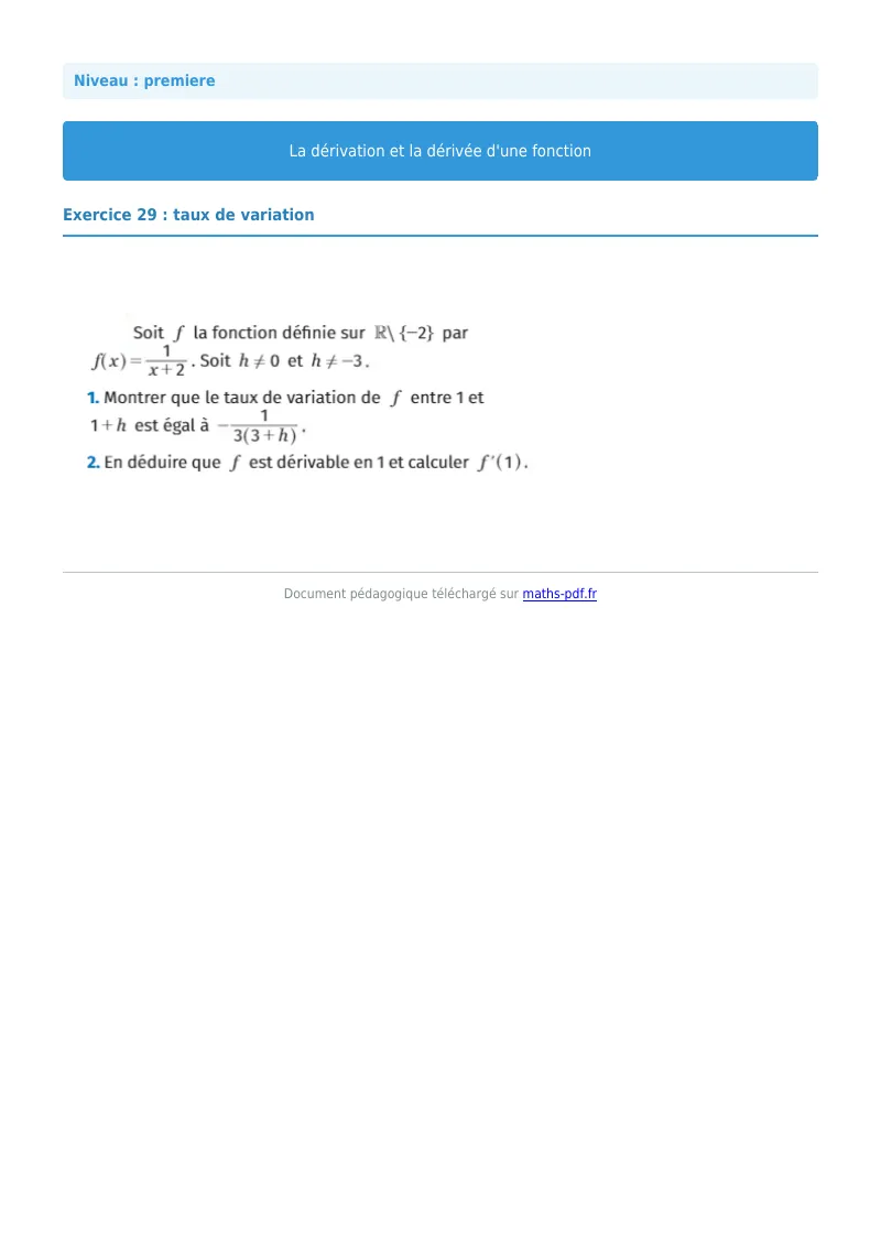 Dérivée : exercice n°29 de maths en première corrigé en PDF