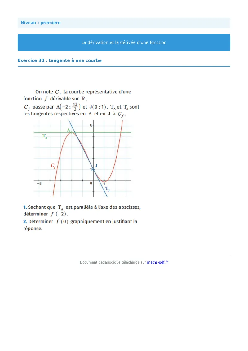Dérivée : exercice n°30 de maths en première corrigé en PDF