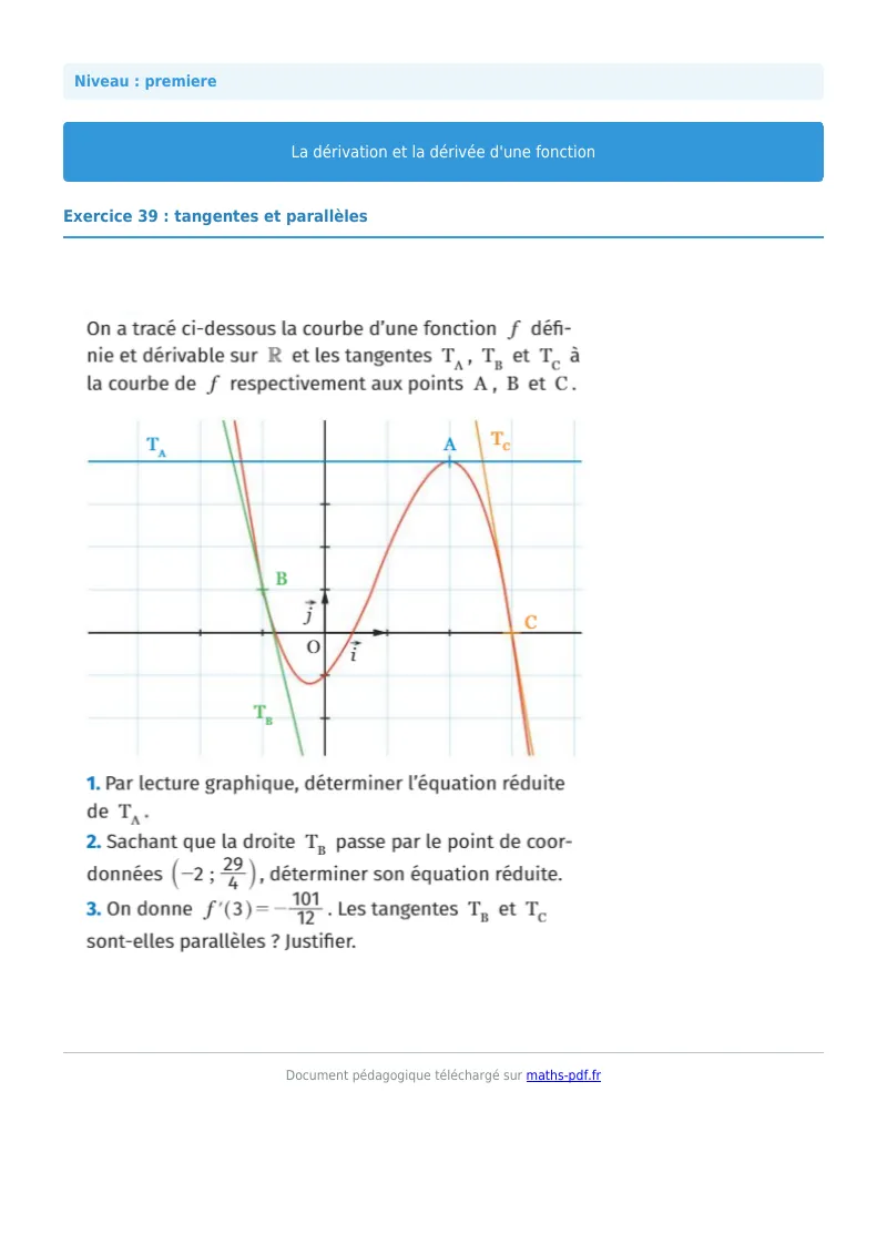 Dérivée : exercice n°39 de maths en première corrigé en PDF