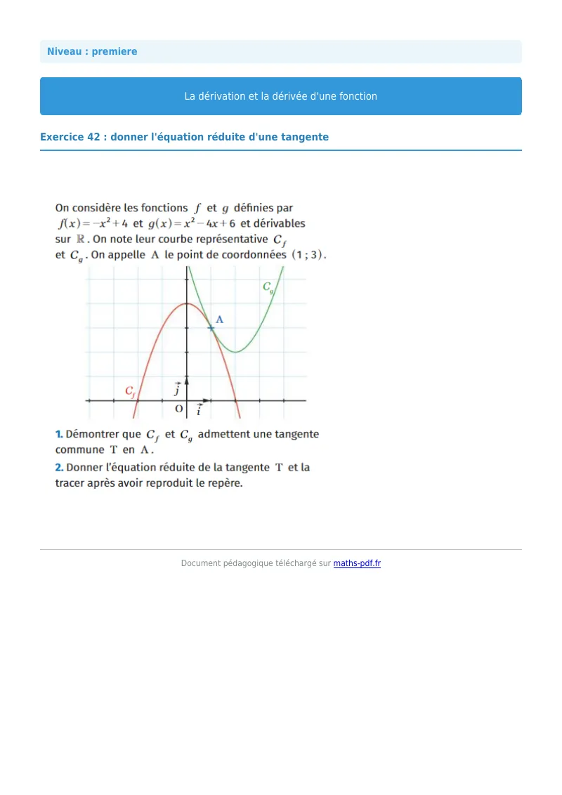 Dérivée : exercice n°42 de maths en première corrigé en PDF