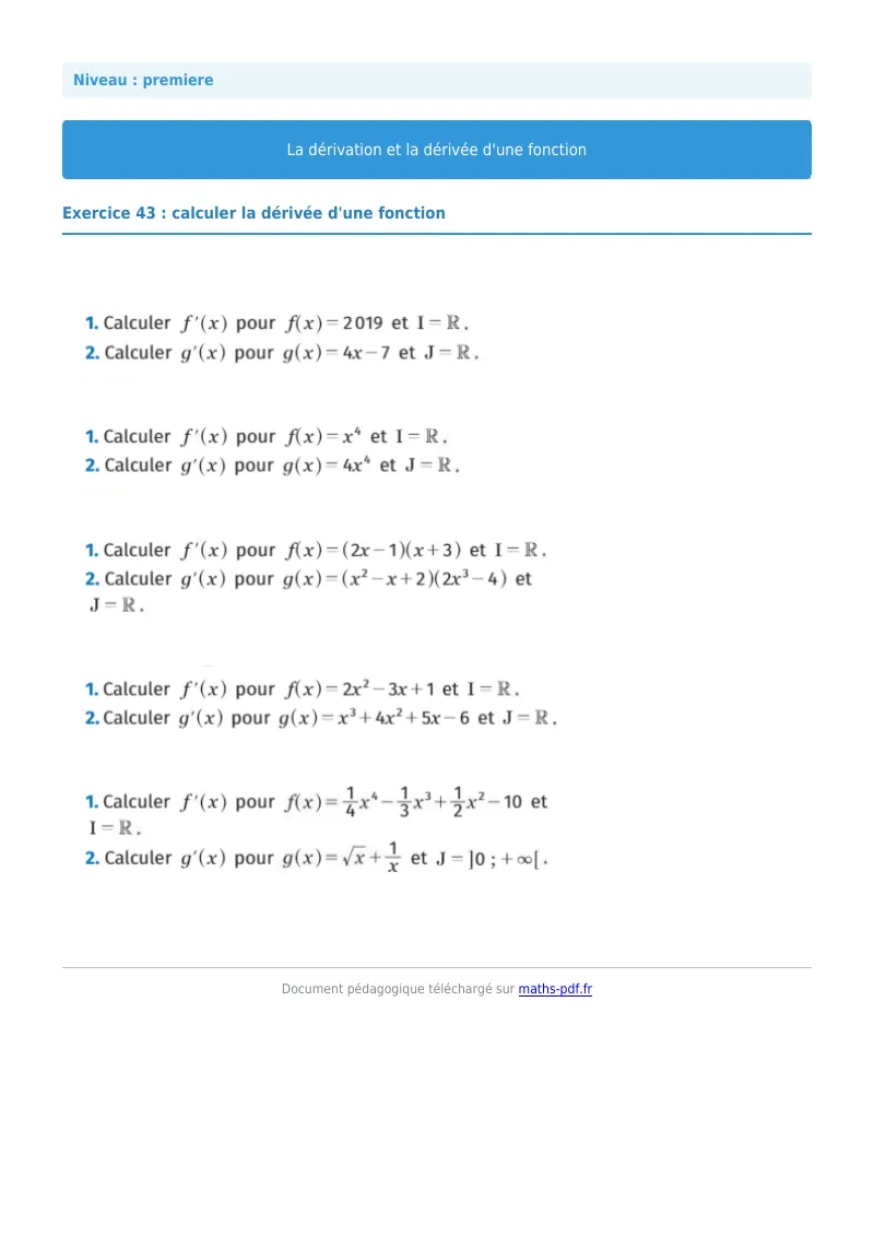 Dérivée : exercice n°43 de maths en première corrigé en PDF