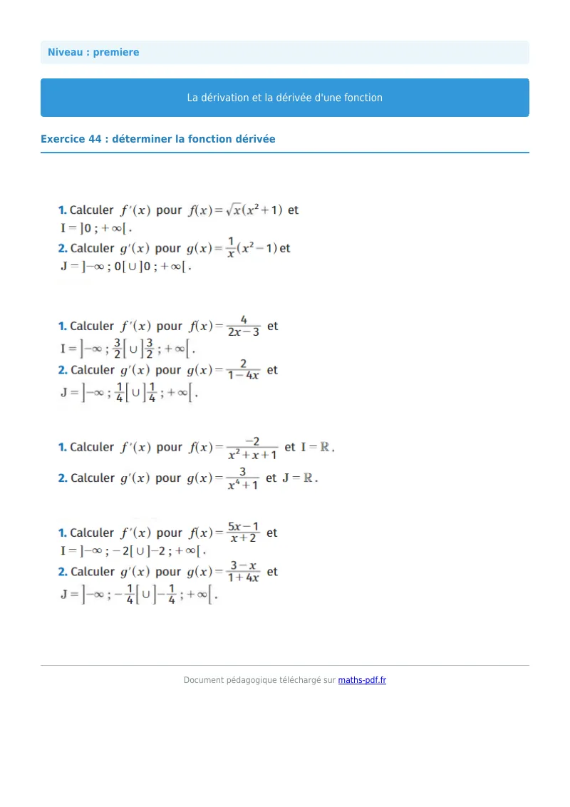 Dérivée : exercice n°44 de maths en première corrigé en PDF