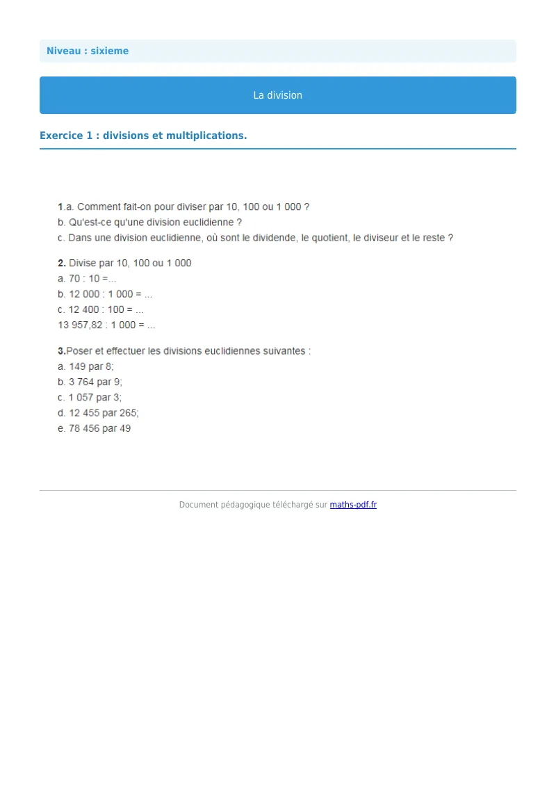 La division euclidienne et décimale : exercice n°1 de maths en 6ème corrigé en PDF
