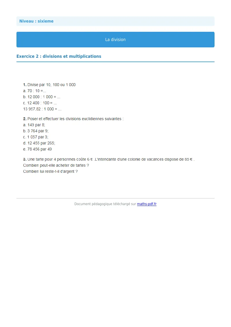 La division euclidienne et décimale : exercice n°2 de maths en 6ème corrigé en PDF