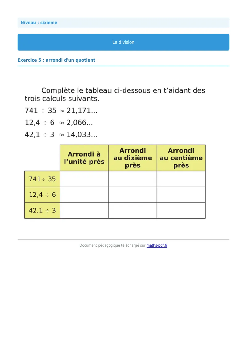 La division euclidienne et décimale : exercice n°5 de maths en 6ème corrigé en PDF