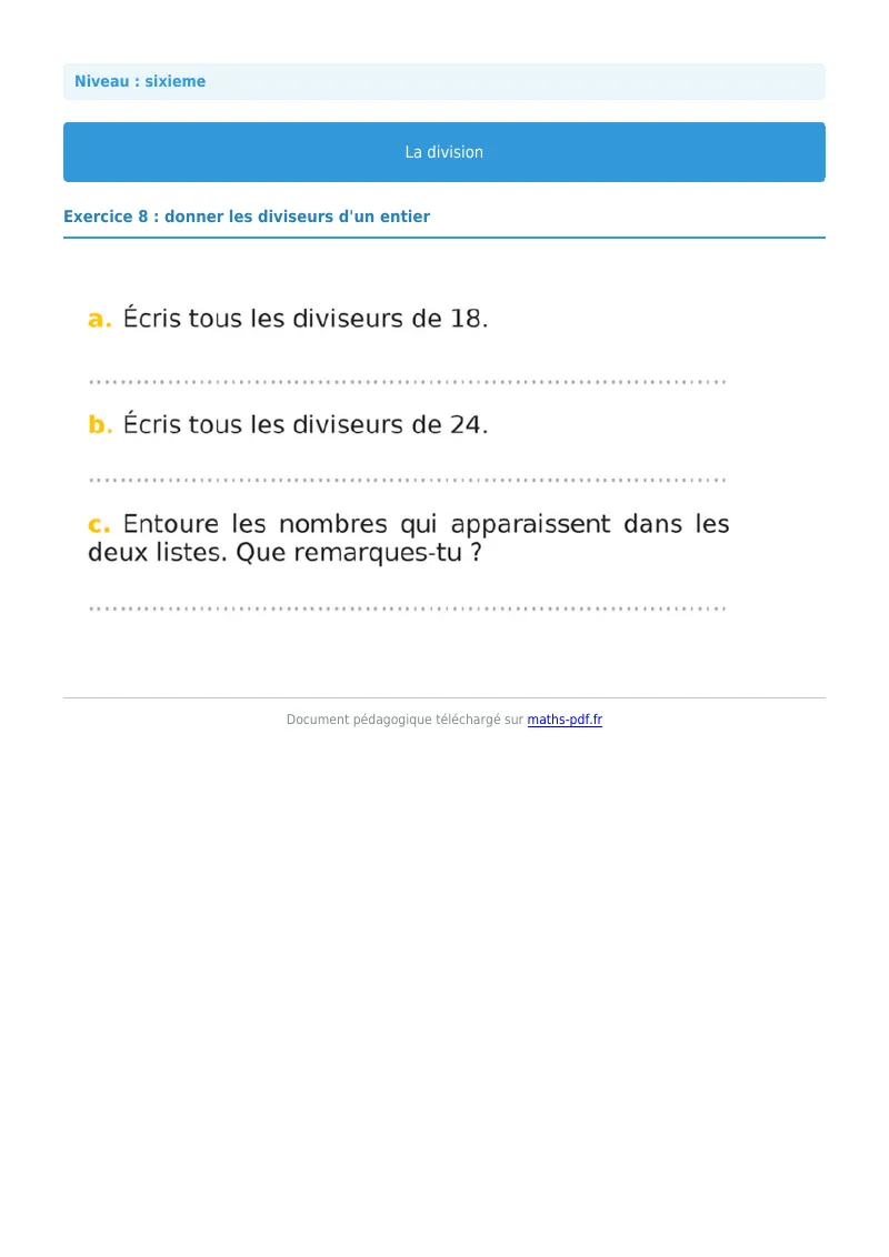 La division euclidienne et décimale : exercice n°8 de maths en 6ème corrigé en PDF