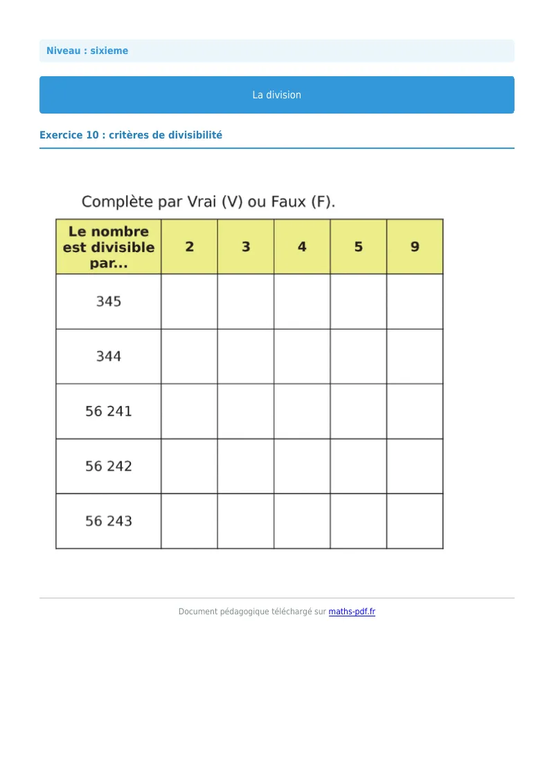 La division euclidienne et décimale : exercice n°10 de maths en 6ème corrigé en PDF