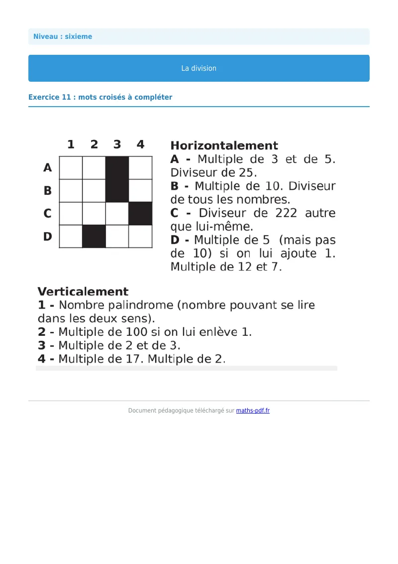 La division euclidienne et décimale : exercice n°11 de maths en 6ème corrigé en PDF