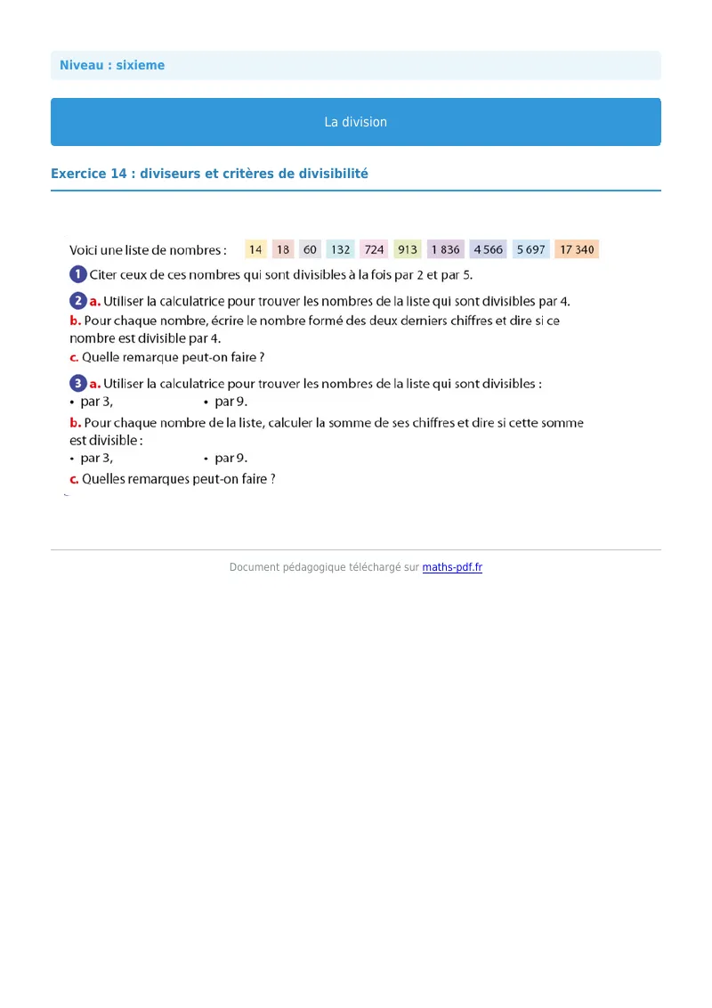 La division euclidienne et décimale : exercice n°14 de maths en 6ème corrigé en PDF
