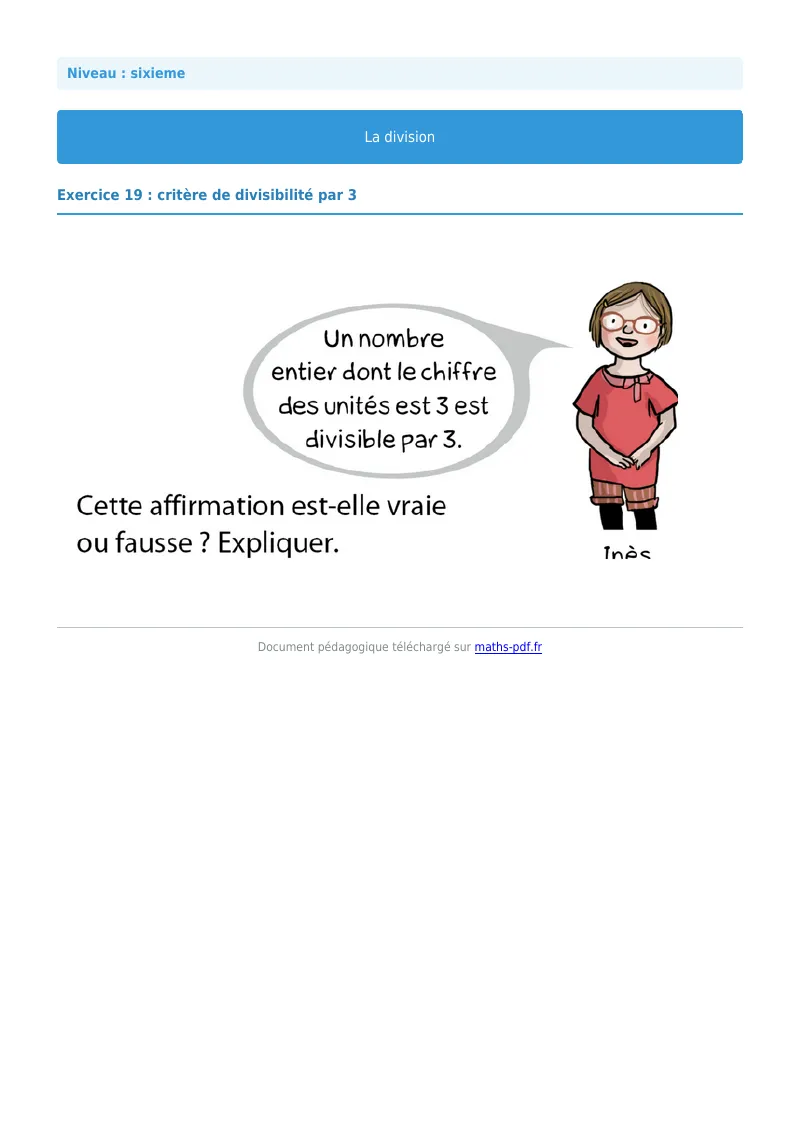 La division euclidienne et décimale : exercice n°19 de maths en 6ème corrigé en PDF