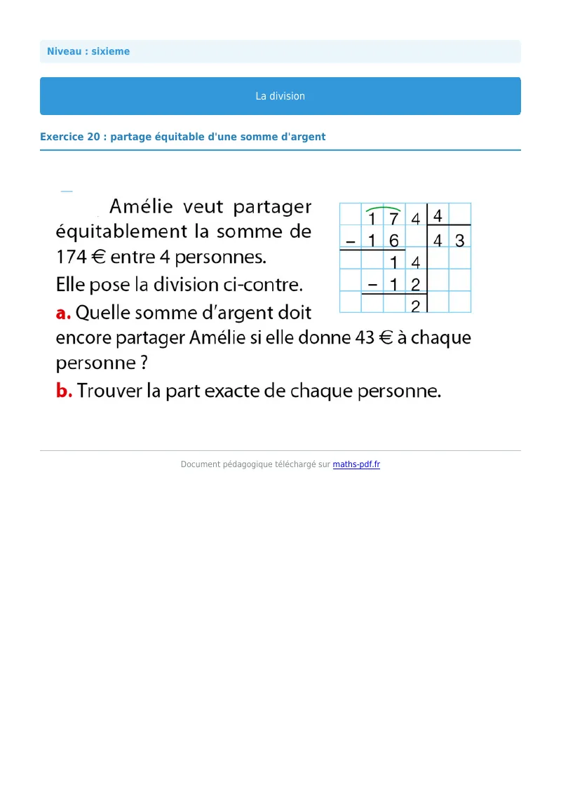 La division euclidienne et décimale : exercice n°20 de maths en 6ème corrigé en PDF
