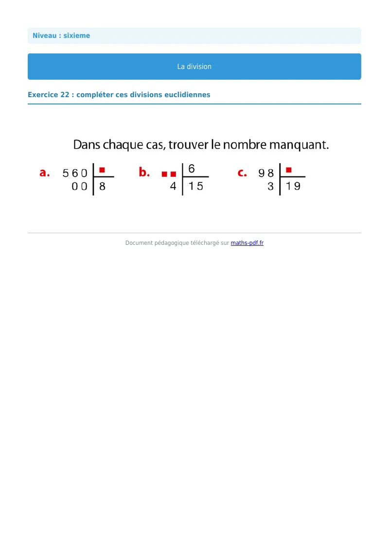 La division euclidienne et décimale : exercice n°22 de maths en 6ème corrigé en PDF