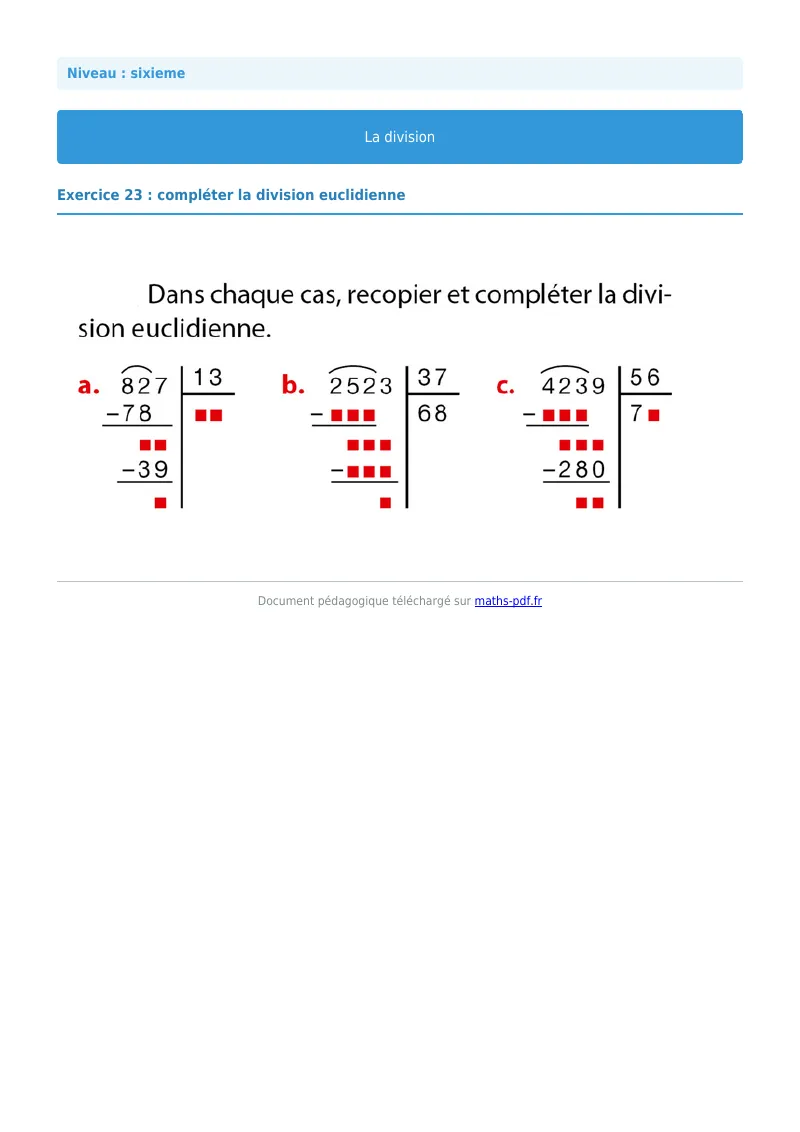 La division euclidienne et décimale : exercice n°23 de maths en 6ème corrigé en PDF