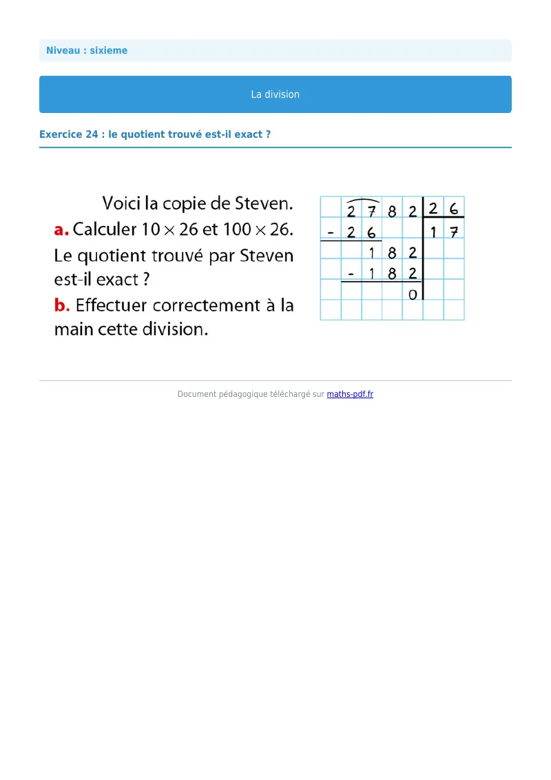 La division euclidienne et décimale : exercice n°24 de maths en 6ème corrigé en PDF