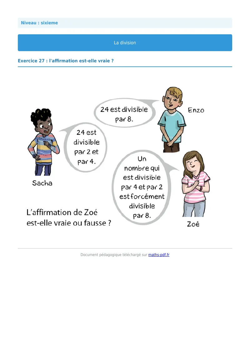 La division euclidienne et décimale : exercice n°27 de maths en 6ème corrigé en PDF